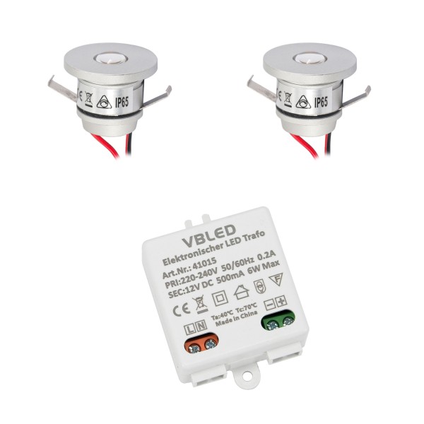 2er Set 1W Mini-Einbauspot Mini Spot IP65 Warmweiss Inkl. 6W LED Trafo