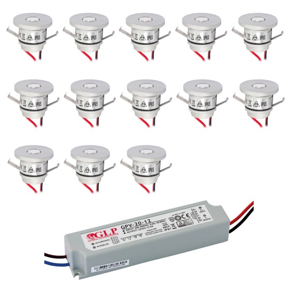 18-er Set 1W Mini-Einbauspot IP65 Warmweiss Inkl.12W LED Trafo 12V DC