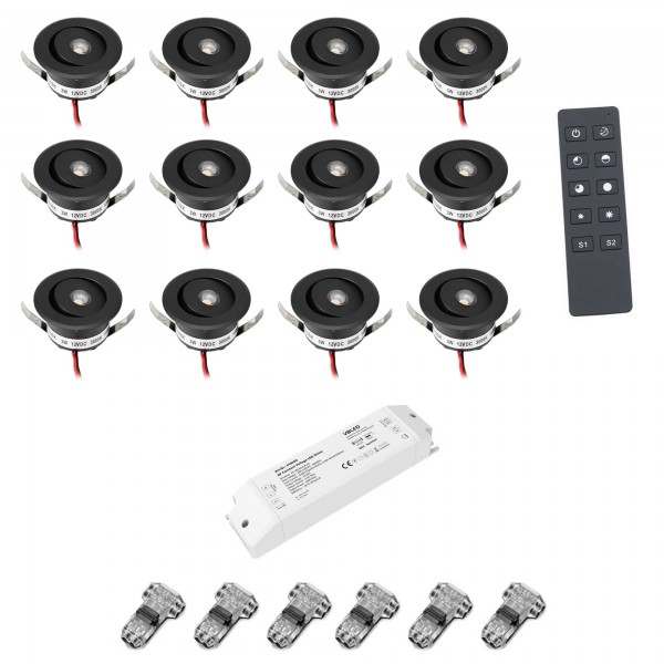 12er-Set 3W LED Mini Einbauspot - &quot;OCULOS&quot; Minispot 3000K mit Funk Netzteil und Fernbedienung Schwar