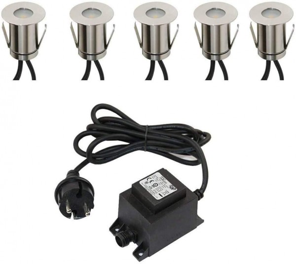 5er SET Boden-Einbaustrahler 0,3W Mini LED / kaltweiß / IP67 / aus robustem Edelstahl (befahrbar) in