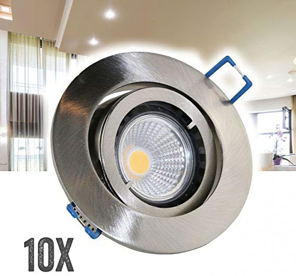 10er Set VBLED Einbaustrahler Aluminium gebürstet rund mit 3,5W COB LED Leuchtmittel