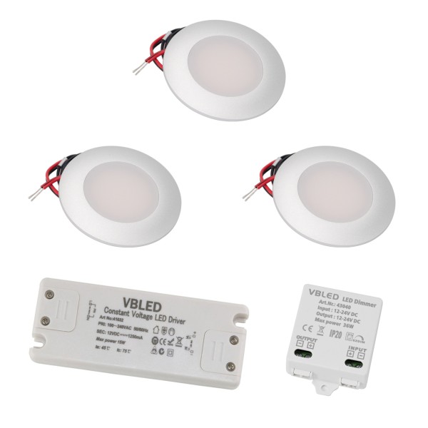 3er-Set LED Einbaustrahler mit 3 Stufen LED Dimmer 12VDC 3W 3000K warmweiß Aluminium Möbeleinbauleuc