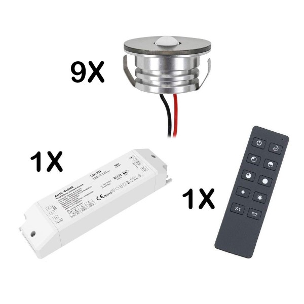 9er Set 3W LED Mini Spot Einbaustrahler warmweiß dimmbar mit Funk Netzteil und Fernbedienung