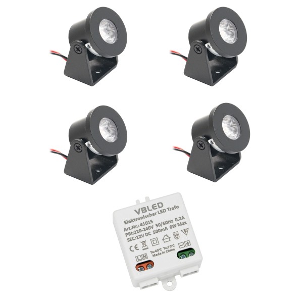 4er Set 1W Mini Aufbau-Strahler Rotier- &amp; Schwenkbar 80lm warmweiß mit 6W 12VDC Netzteil