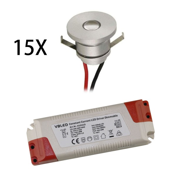 15er-Set 1W LED Aluminium Mini Einbaustrahler warmweiß mit dimmbaren Netzteil