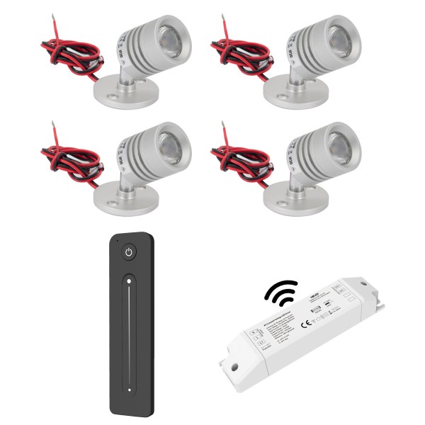 4er Funk Set Mini LED Deckenspot 12VDC 3W 3000K &quot;ESKINAR&quot; schwenkbare mit LED Trafo und Fernbedien