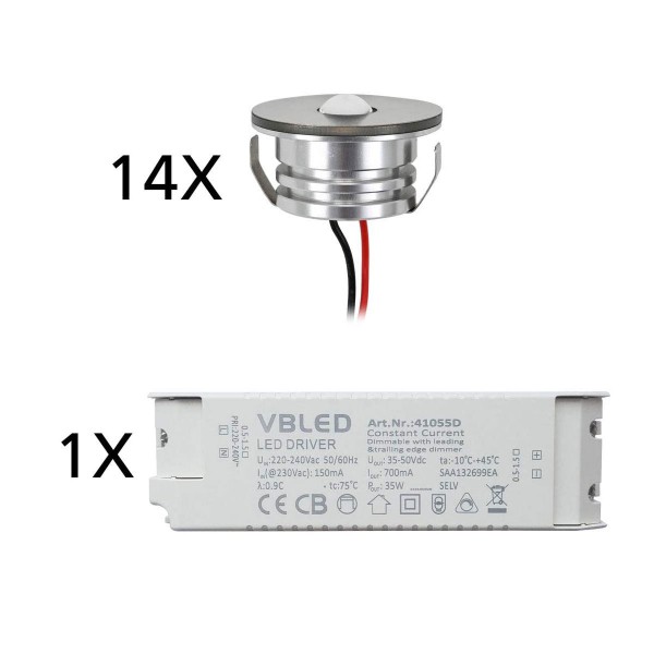 14er Set 3W LED Aluminium Mini Einbaustrahler Spot &quot;Luxonix&quot; warmweiß mit dimmbarem Netzteil