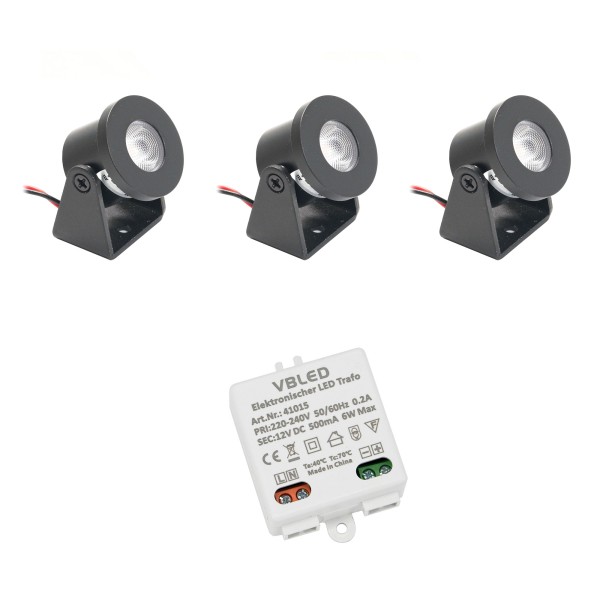 3er Set 1W Mini Aufbau-Strahler schwarz Rotier- &amp; Schwenkbar warmweiß mit 6W 12VDC Netzteil