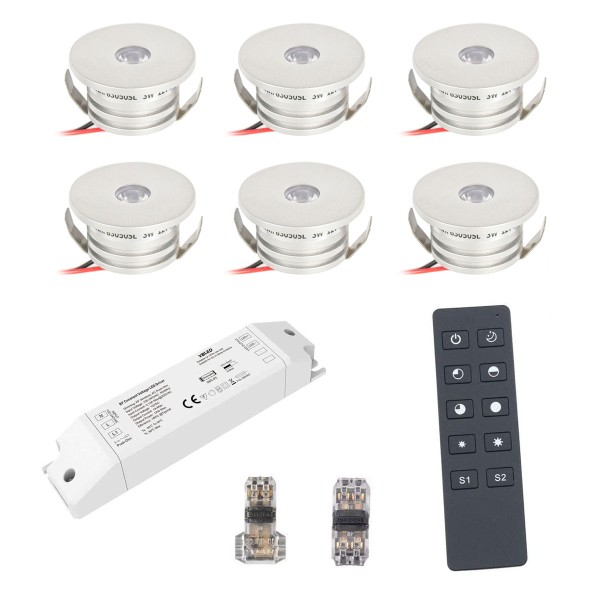 6er Funk Set 3W Mini-Einbauspot Einbaustrahler warmweiß IP44 12V DC Inkl.LED Trafo und Verbinder