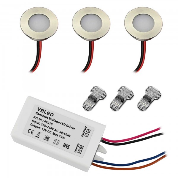 LED Mini LED-Bad-Einbauleuchte 3er KIT, rostfreier Edelstahl, IP67 wassergeschütz