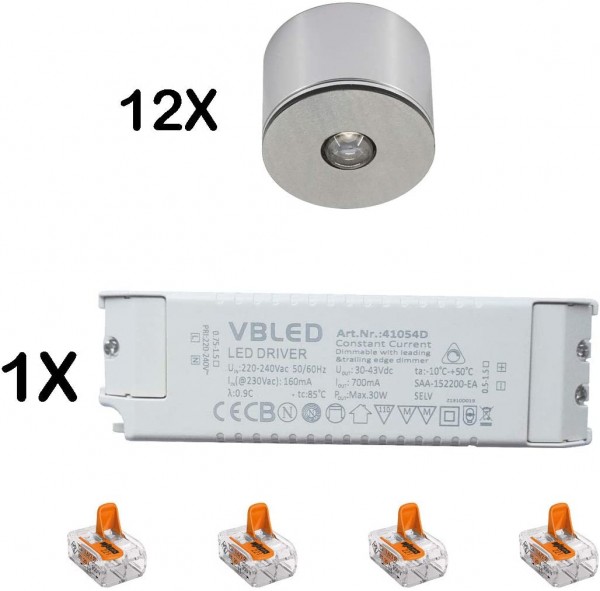 12er Set 3W LED Mini Spot/Decken-Aufbau-Spot / IP65 / WW / inkl. dimmbarer LED Netzteil