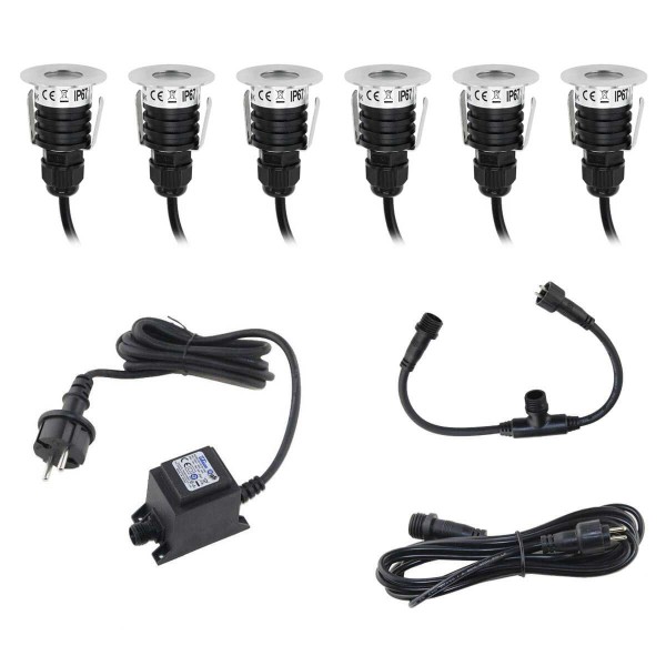 Mini LED Bodeneinbauleuchte 3000K 6-er KIT - Rund - inkl Trafo &amp; Kabel