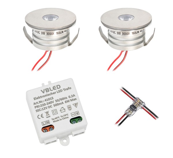 2er Set 3W Mini-Einbauspot Einbaustrahler &quot;NOVOS&quot; 3000K 12V DC Warmweiss Inkl.LED Trafo