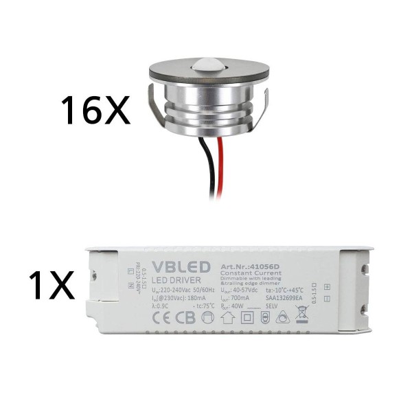 16er Set 3W LED Aluminium Mini Einbaustrahler Spot &quot;Luxonix&quot; warmweiß mit dimmbarem Netzteil