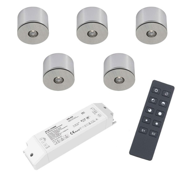 5er Set 3W LED Mini Spot Aufbaustrahler warmweiß dimmbar mit Funk Netzteil und Fernbedienung