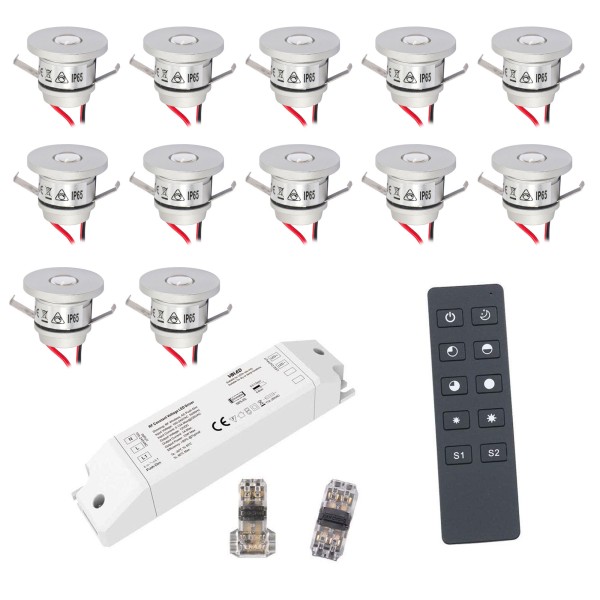 12-er Set 1W LED Aluminium Mini Einbaustrahler warmweiß mit RF Funk Netzteil 12VDC