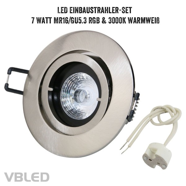 Einbaustrahler Set mit 7W RGB+W LED Leuchtmittel und Einbaurahmen in silber Optik gebürstet rund