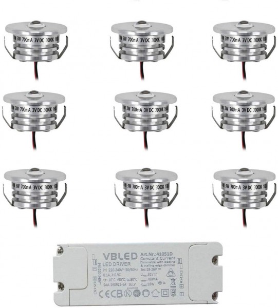 9er Set Mini Einbaustrahler Spot 3W 700mA 160lm warmweiß mit dimmbarem LED-Netzteil