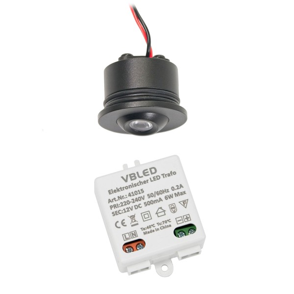 1er-Set 1W LED Mini Einbauspot - &quot;FOCOS&quot; Minispot - 12V DC - IP20 - 3000K - Schwenkbar - Schwarz