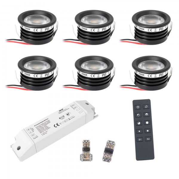 6-er KIT &quot;FORTIS&quot; 3W LED Aluminium Mini Einbaustrahler warmweiß mit RF Funk Netzteil 12VDC