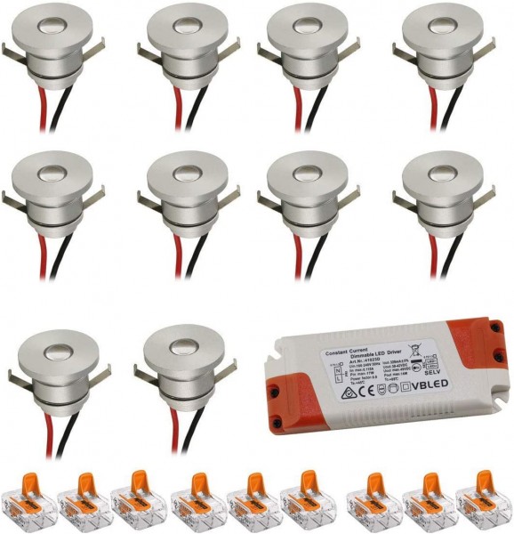 10er Set 1W LED Aluminium Mini Einbaustrahler warmweiß mit dimmbaren Netzteil - Silber