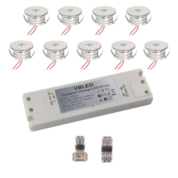 9er Set 3W Mini-Einbauspot Einbaustrahler 3000K &quot;NOVOS&quot; inkl.LED Trafo und Verbinder