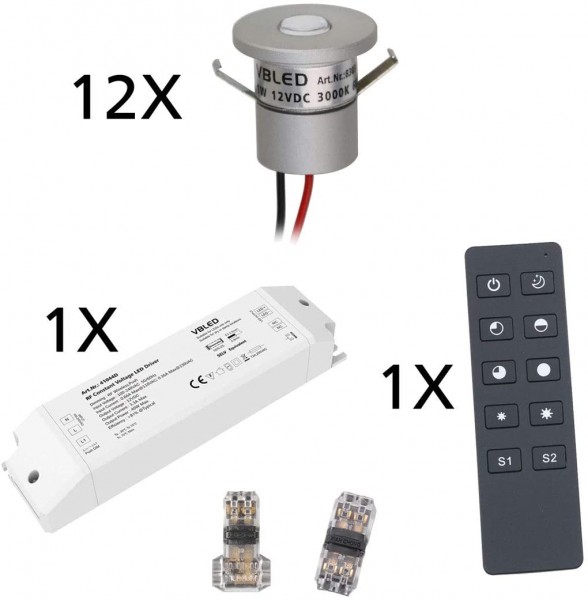 12-er Set 1W LED Aluminium Mini Einbaustrahler warmweiß mit RF Funk Netzteil 12VDC