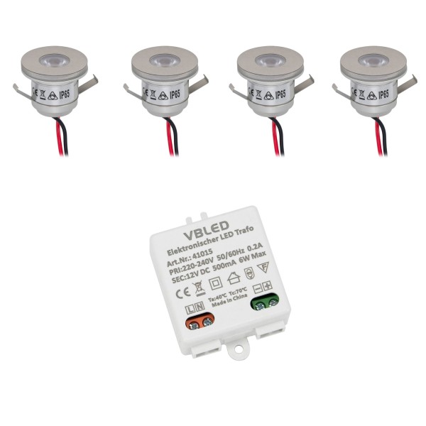 4er Set 1W Mini-Einbauspot Inkl. LED Trafo 12V DC 3000K