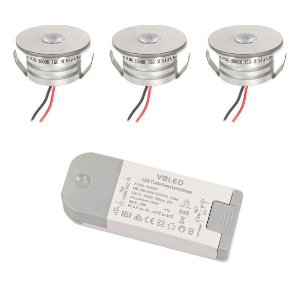 3er Set 3W LED Aluminium Mini Einbaustrahler Spot "Luxonix" warmweiß mit dimmbarem Netzteil