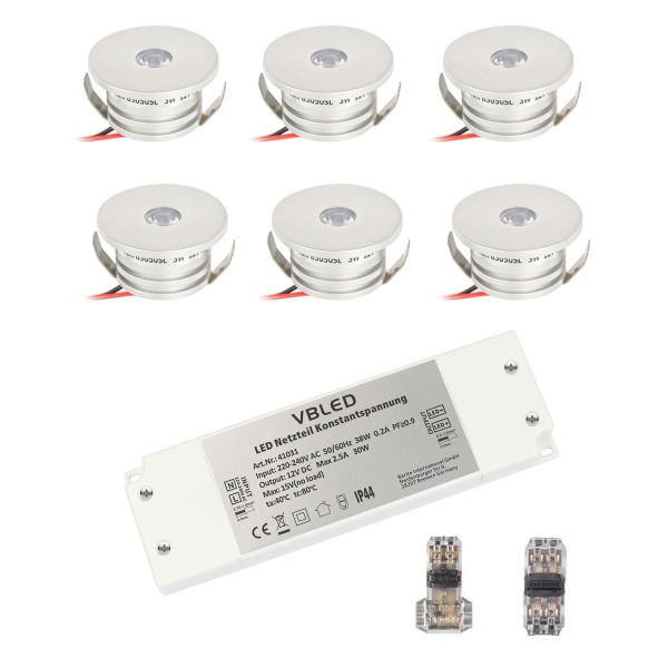 6er Set 3W Mini-Einbauspot warmweiß 12V DC Warmweiss Inkl.LED Trafo und Verbinder