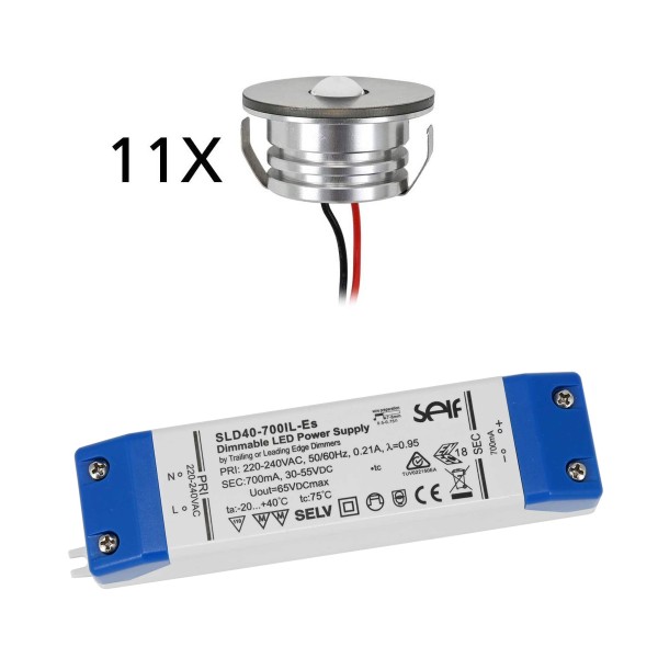 11er Set 3W LED Aluminium Mini Einbaustrahler Spot &quot;Luxonix&quot; warmweiß mit dimmbarem Netzteil