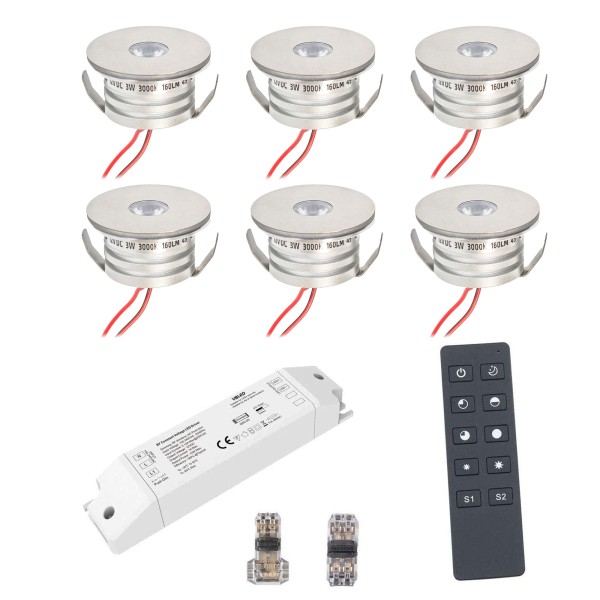 6er Funk Set 3W Mini-Einbauspot Einbaustrahler &quot;NOVOS&quot;3000K inkl.LED Trafo und Verbinder
