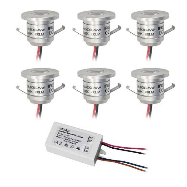 6er-Set LED Aluminium Mini Einbaustrahler 1W warmweiß IP65 mit LED Trafo