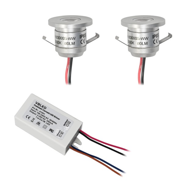 2er-Set LED Aluminium Mini Einbaustrahler 1W warmweiß mit Trafo IP65