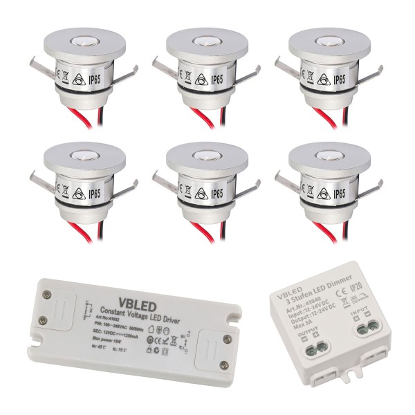 6er EZDIM Set 1W Mini-Einbauspot IP65 Warmweiss Inkl.12W LED Trafo