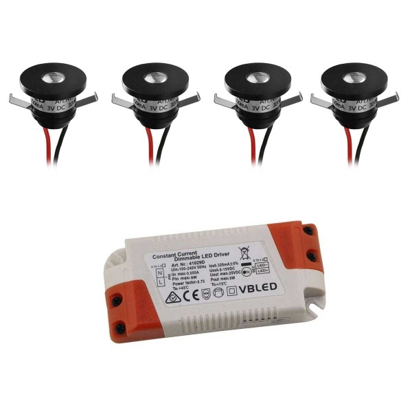 4er-Set LED Aluminium Mini Einbaustrahler 3000K mit dimmbar LED Trafo - Schwarz