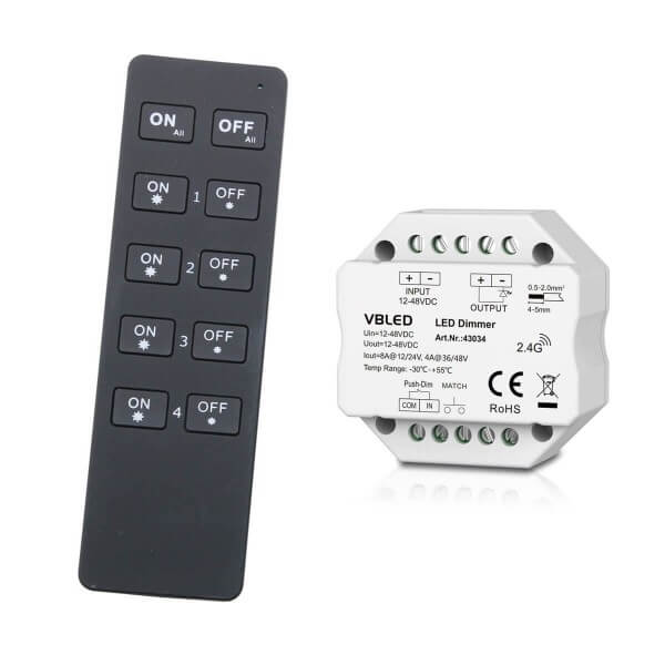 "INATUS" SET - LED Dimmer 12-48V DC incl 4-Kanal Fernbedienung