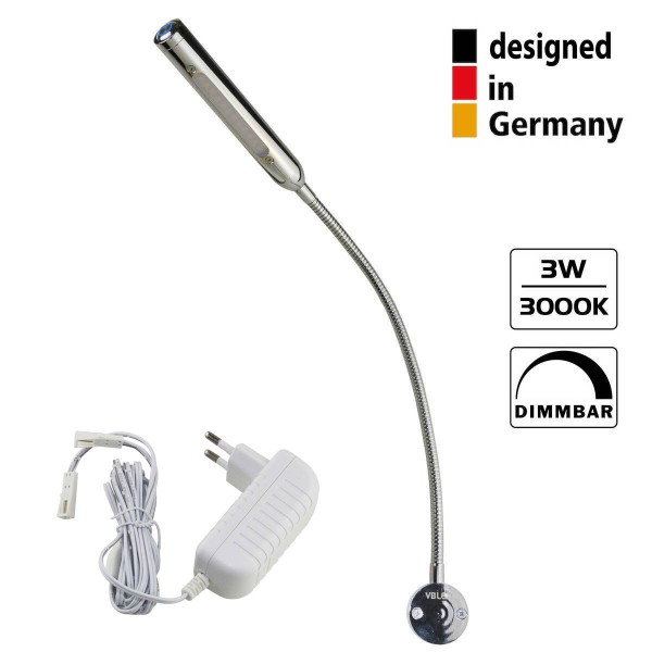 LED 3W Wandleuchte mit 40cm Schwanenhals - Dimmbar- chrom mit Trafo