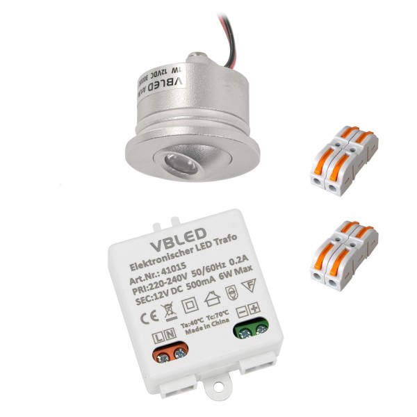 1er-Set 1W LED Mini Einbauspot - &quot;FOCOS&quot; Minispot - 12V DC - IP20 - 3000K - Schwenkbar - Silber