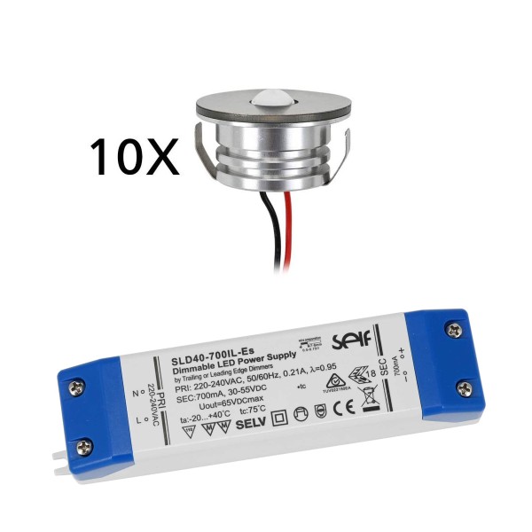 10er Set 3W LED Aluminium Mini Einbaustrahler Spot &quot;Luxonix&quot; warmweiß mit dimmbarem Netzteil