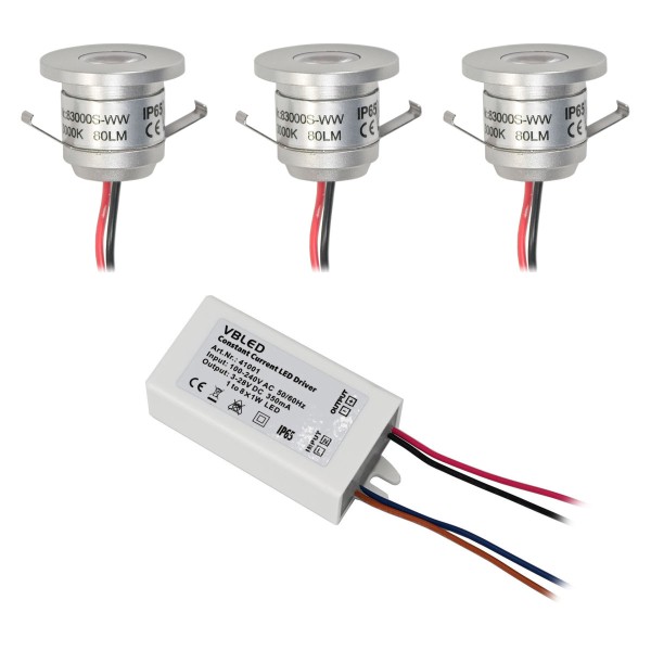 3er-Set LED Aluminium Mini Einbaustrahler 1W warmweiß mit Trafo