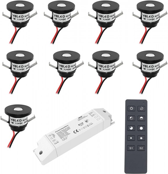 9er-Funk SET -1W LED Mini Einbauspot&quot;ALDYNE&quot; schwarz - 12VDC - IP44-3000K 60Lumen