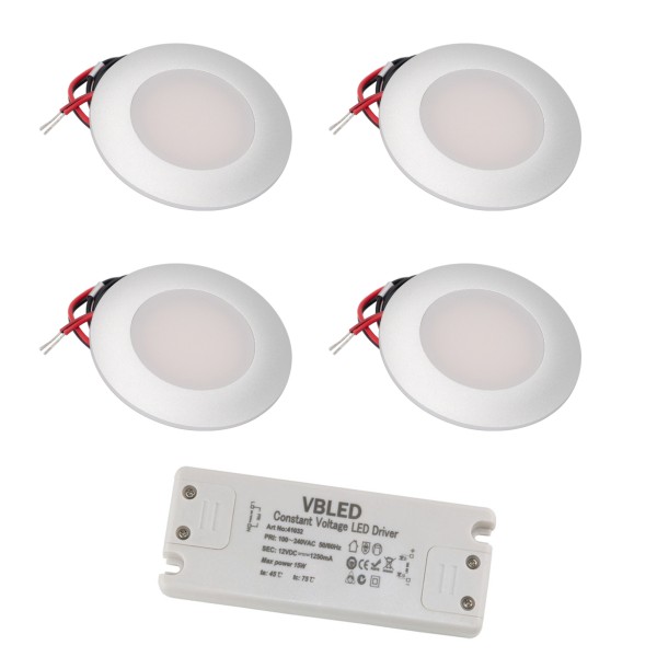 4er-Set LED Einbaustrahler 12VDC 3W 3000K warmweiß Aluminium Möbeleinbauleuchte