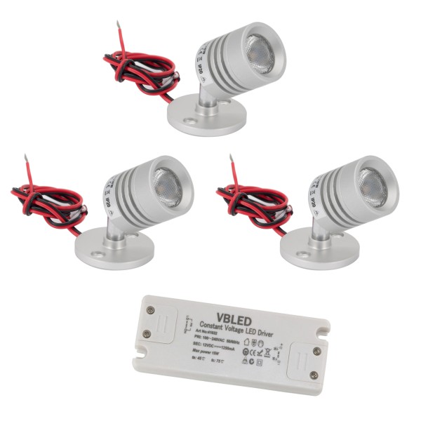 3er SET Mini LED Deckenspot 12VDC 3W 3000K &quot;ESKINAR&quot; schwenkbare mit LED Trafo - silber