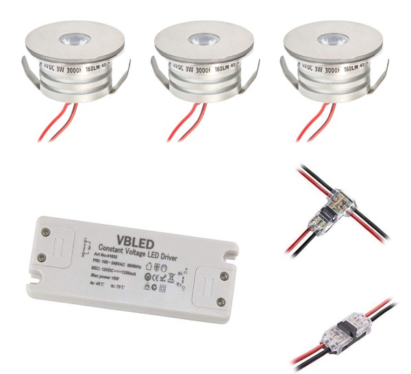 3er Set 3W Mini-Einbauspot Einbaustrahler &quot;NOVOS&quot; warmweiß 3000K 12V DC Inkl.LED Trafo