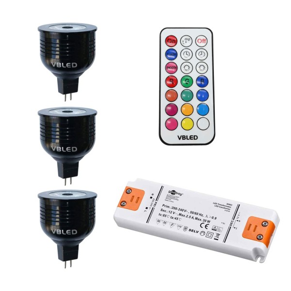 3er SET - 7W RGB+W LED Birnen / 12V AC/DC / MR16/GU5.3 / Dimmbar (4 Stufen)  inkl. Fernbedienung | VBLED