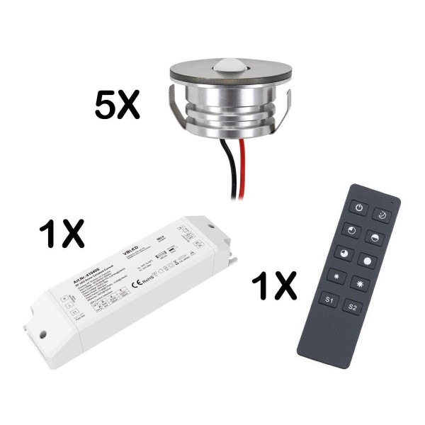 5er Set 3W LED Mini Spot Einbaustrahler warmweiß dimmbar mit Funk Netzteil und Fernbedienung