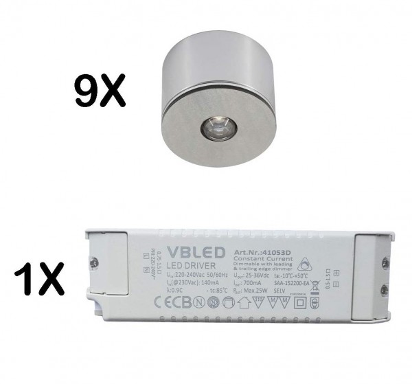 9er Set 3W LED Mini Spot/Decken-Aufbau-Spot / IP65 / WW / inkl. dimmbarer LED Netzteil