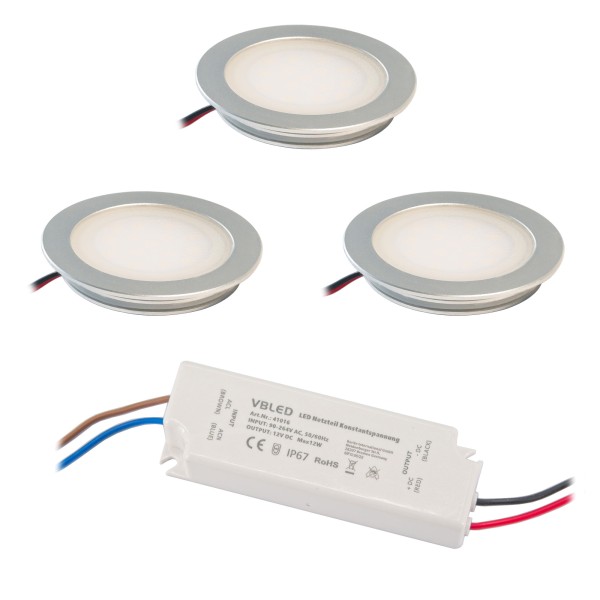 3er-Set Einbauleuchten Extra flach Aluminium Silber 3000K mit LED Netzteil