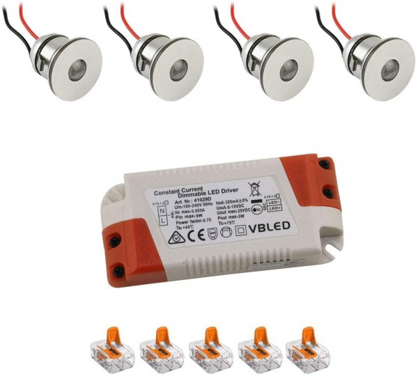 4er-Set 1W Mini LED Einbauspot Einbaustrahler warmweiß mit Netzteil